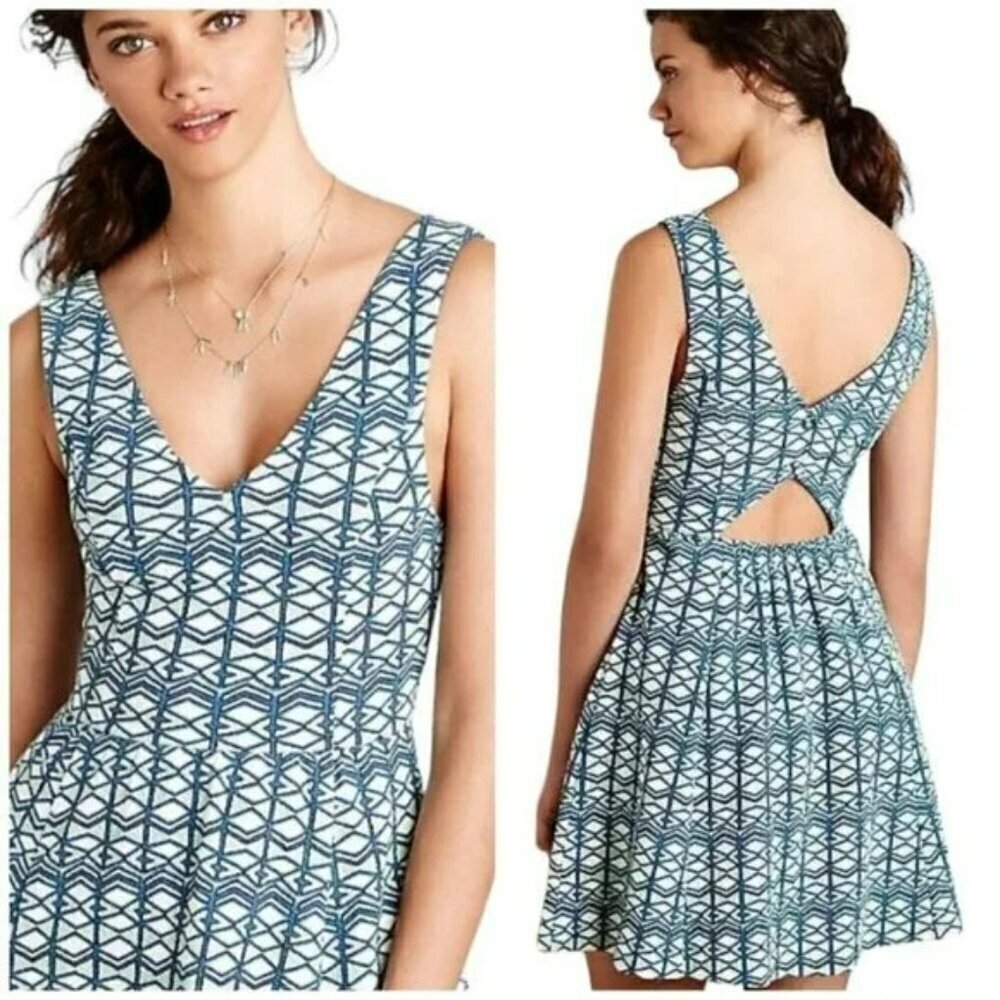 Maeve Anthropologie Mini Dress Green Blue Geometric Print Small